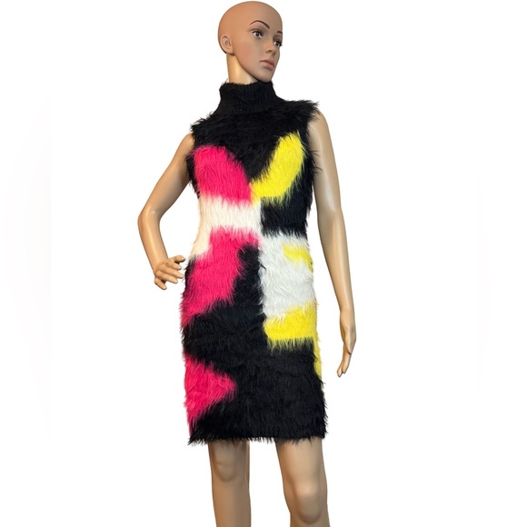 AKIRA NWT Size M Black Pink Yellow Faux Fluffy Fur Sleeveless Mini Dress (0459) - Picture 3 of 13